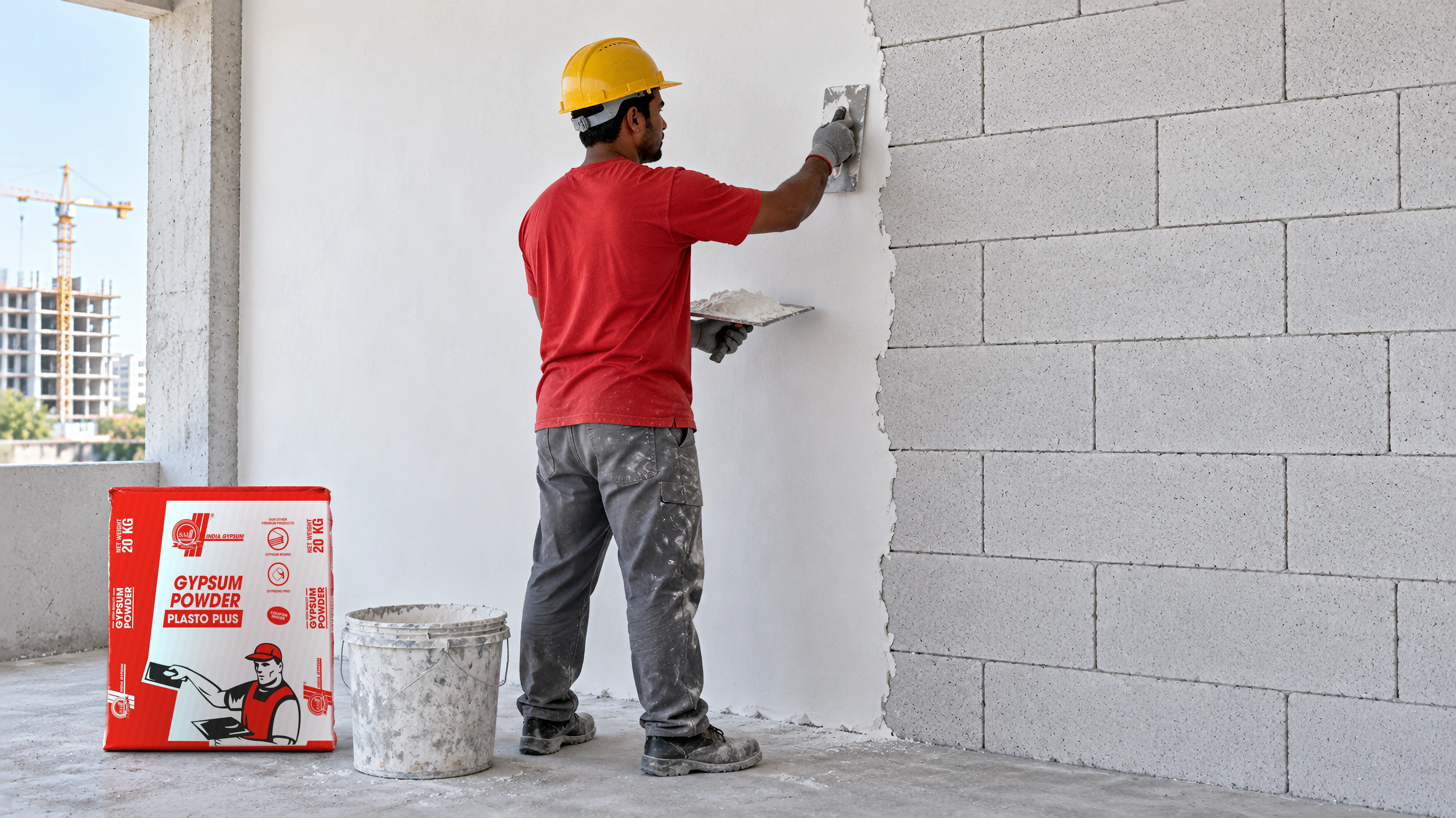 A mason applies PlastoPlus on an AAC block wall