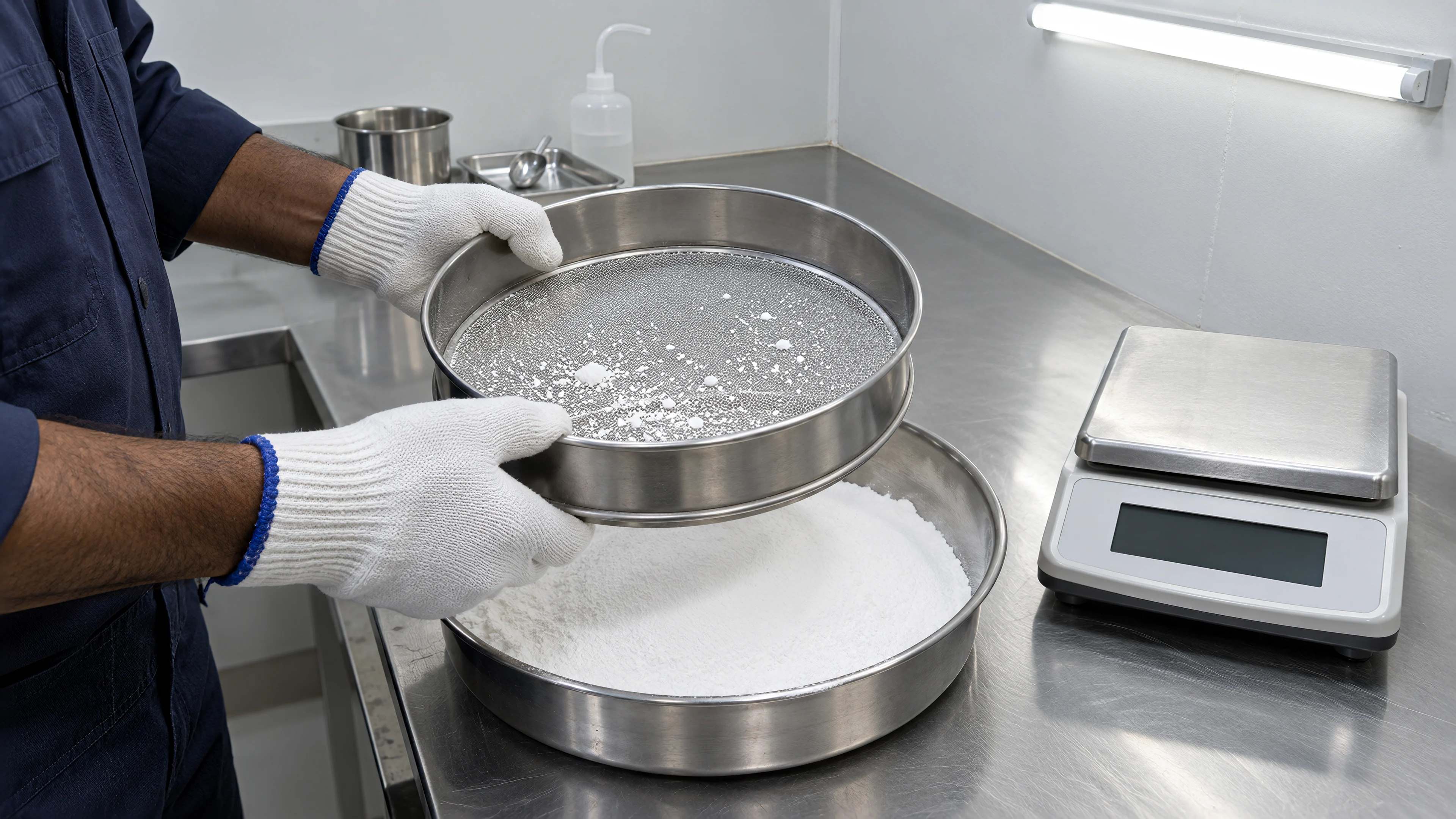 Plaster powder on a test sieve at the factory lab